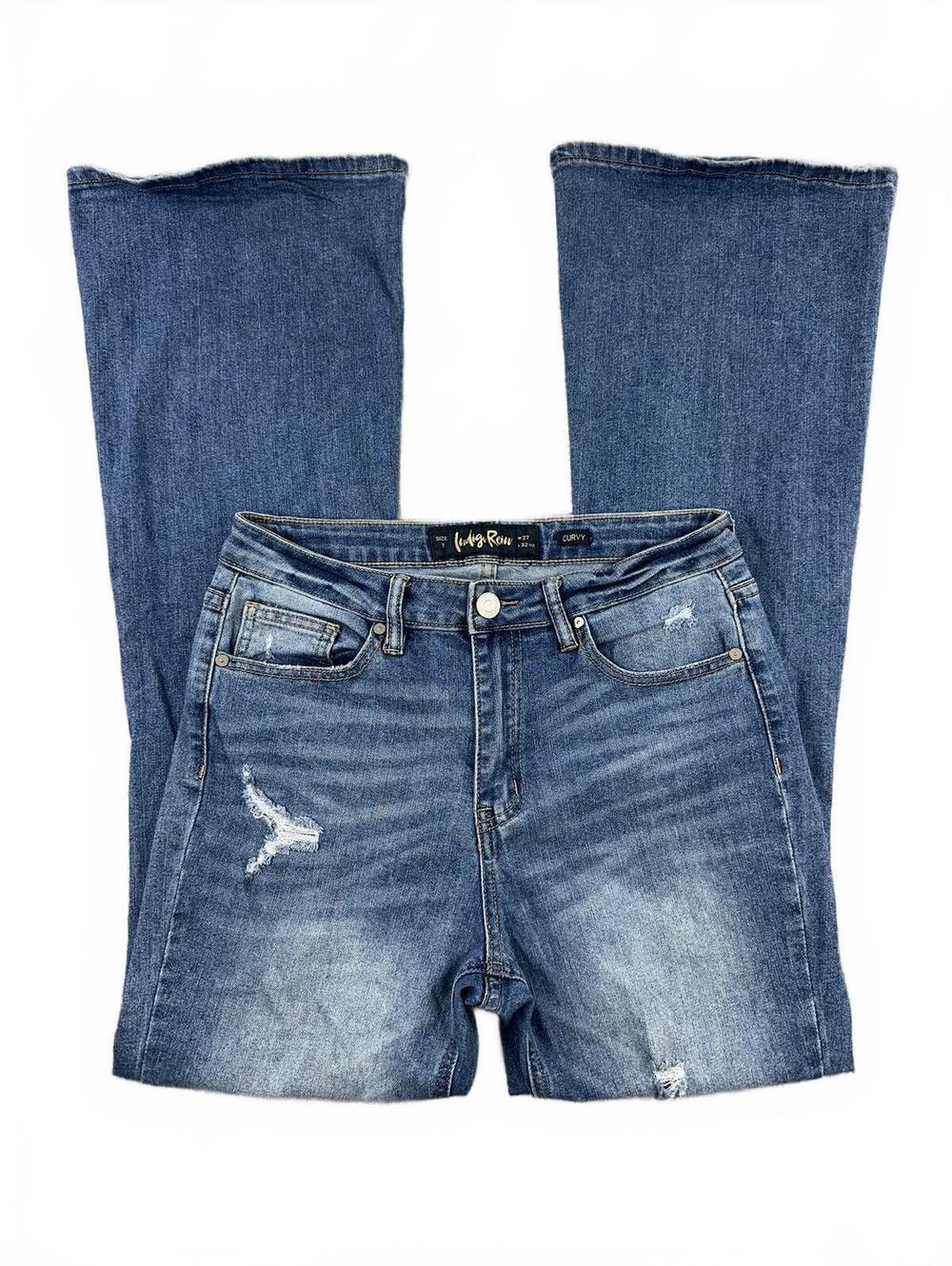 Indigo Rein Curvy Flared Jeans Vintage 70s Style Distressed